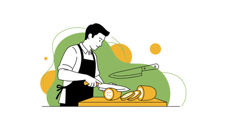 Chef Carefully Slicing Citrus Fruit, Preparing Ingredients For The Meal, Vector Illustration
