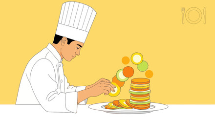Chef Composing Culinary Composition with Colorful Ingredients on Yellow Background