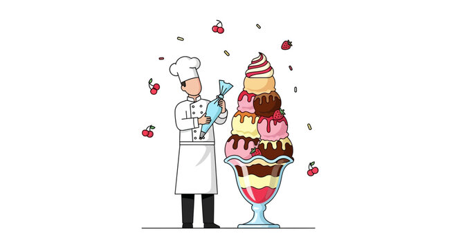 Chef Crafting Exquisite Dessert Sundar, Featuring Towering Ice Cream and Berries