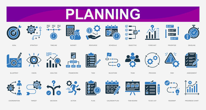Planning color Icons set. Vector illustration.Goal, Strategy, Timeline, Budget, Resource, Schedule, Objective, Forecast, Prioritize, Deadline. Vector illustration
