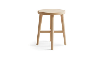 A light wooden stool with a round seat and three legs, supported by rungs, isolated on a white background.