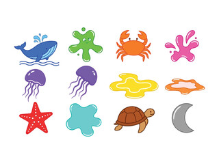 Ocean Creatures Collection: A vibrant collection of ocean creatures with splashes, including a whale, crab, jellyfish, starfish, turtle, and crescent, offers a vivid portrayal of marine life.