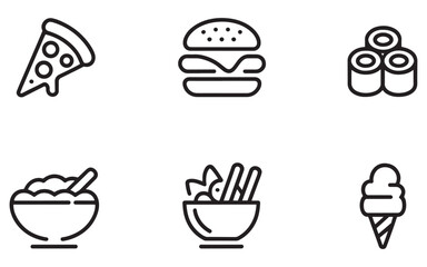 Delicious Food Icons Representing Pizza, Burger, Sushi, Oatmeal, Salad, and Ice Cream Perfect for a Restaurant Menu