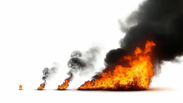Fire Evolution Sequence: Growing Flame and Smoke on a Clean Background Display