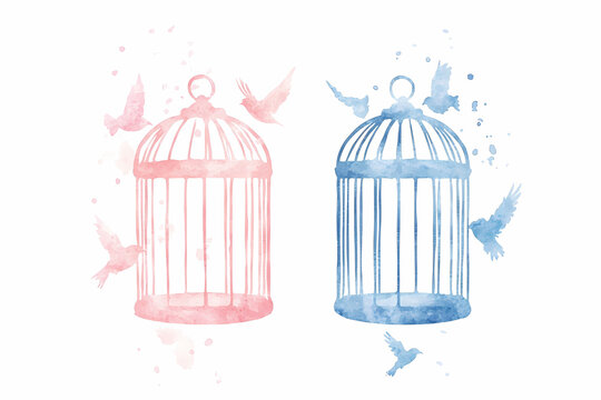 Pink and blue watercolor birdcages with birds escaping.  A symbolic image of freedom and hope.