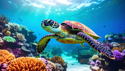 Majestic sea turtle gracefully navigating vibrant coral reefs in clear turquoise waters
