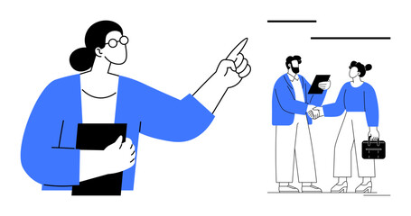Woman presenting ideas while a handshake finalizes discussion. Ideal for teamwork, leadership, communication, collaboration, partnership, business success, strategy. Clean and simple flat metaphor