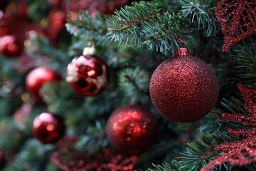 Festive tree adorned with red ornaments and shiny decorations