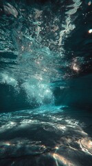 Obraz premium Abstract underwater scene with fragmented light beams in turquoise water, evoking a sense of fluid motion. 