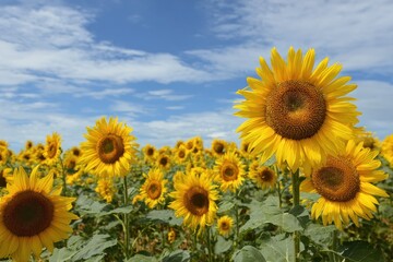 Fototapeta premium Field of sunflowers under a bright summer sky