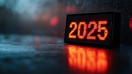 Red number “2025” illuminated on a black digital electronic alarm clock screen, LED light display evokes a modern, minimal look, New Year countdown themes, holiday celebration designs.
