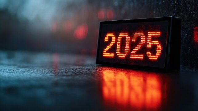 Red number “2025” illuminated on a black digital electronic alarm clock screen, LED light display evokes a modern, minimal look, New Year countdown themes, holiday celebration designs.