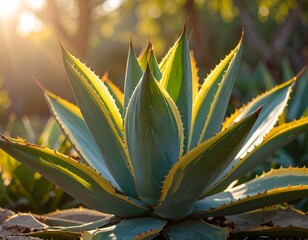 Massive agave variegata with yellow edges basking in bright garden sunlight