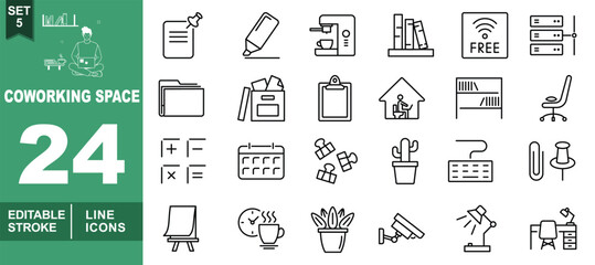 Coworking line icon set. Exclusive Coworking line icon collection. Containing note, marker, machine, books, wifi, server, folder, box, clipboard, house, bookshelf, chair, and formula. Editable stroke