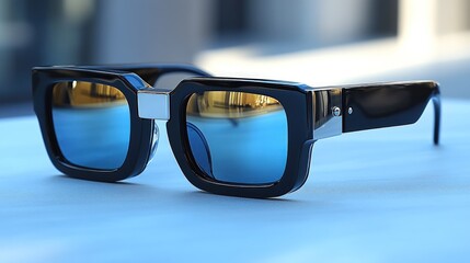 Sleek black sunglasses with reflective blue lenses, resting on a light surface