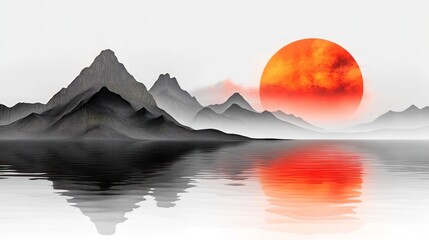 Misty mountains, fiery sun, tranquil water