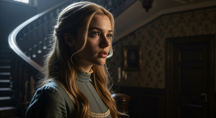A beautiful woman with an uneasy expression gazes into the distance, standing in a dimly lit, vintage hallway with a dramatic, winding staircase behind her.