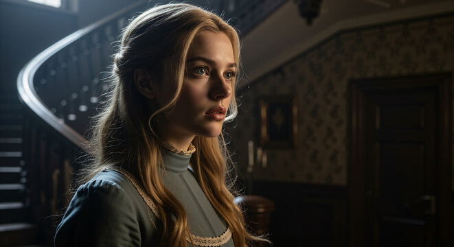 A beautiful woman with an uneasy expression gazes into the distance, standing in a dimly lit, vintage hallway with a dramatic, winding staircase behind her.