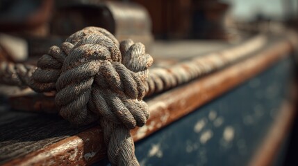 Complex knot on old wooden boat