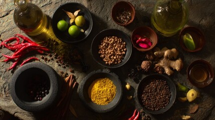 Asian cuisine ingredients arranged on a rustic stone surface with vibrant colors.
