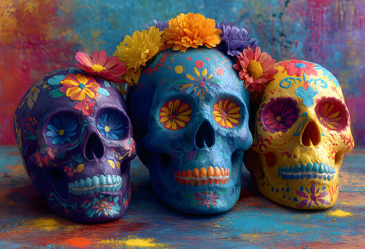 three colorful day of the dead sugar skulls with colrful flowers painted on thm on a colorful background