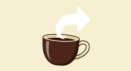 Fototapeta premium Coffee Cup With Steam Arrow Suggesting Direction Or Forward Movement And Success