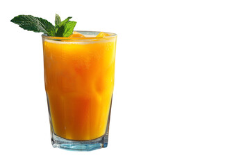 Refreshing glass of fresh mango juice with mint leaves and sliced ripe mango isolated on transparent background, tropical summer drink, healthy fruit beverage