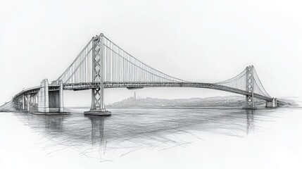 Detailed pencil sketch of a suspension bridge spanning a body of water