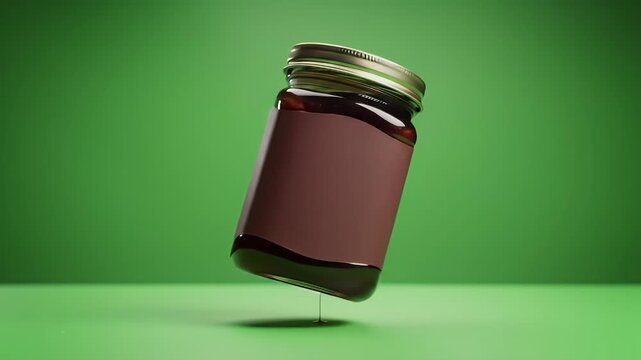 Floating Glass Jar with Chocolate Drip and Blank Label on Vibrant Green Background