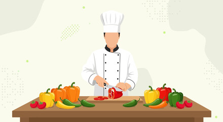 Chef Slicing Bell Pepper Preparing Delicious Culinary Feast with Fresh Ingredients