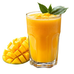 Refreshing glass of fresh mango juice with mint leaves and sliced ripe mango isolated on transparent background, tropical summer drink, healthy fruit beverage