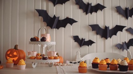 Festive halloween cupcakes with orange and white frosting and paper bats on a white wall decor - Powered by Adobe