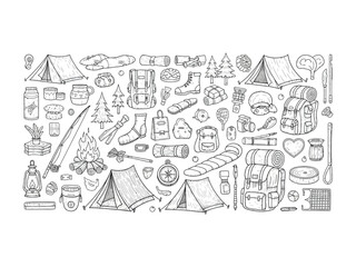Obraz premium Camping Adventure: A detailed sketch featuring a variety of camping essentials arranged in an artistic pattern, suggesting the joy of outdoor activities and travel.
