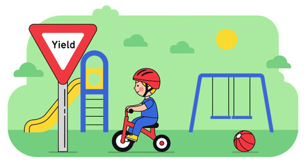 Child Enjoying Bicycle Ride at Play Area Near Traffic Sign and Recreational Elements