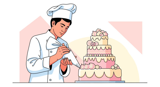 Confectioner Expertly Decorating Exquisite Multi-Tiered Cake with Elegant Icing Techniques