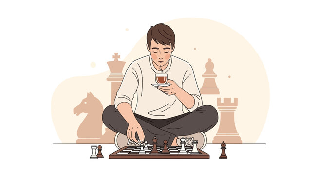 Contemplative Chess Master Holding Teacup And Preparing For Strategic Gameplay Solution
