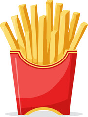 Fun cartoon style vector illustration of golden french fries in a red paper container, crispy and delicious, classic fast food snack, isolated on a white background.