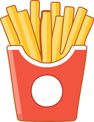 Fun cartoon style vector illustration of golden french fries in a red paper container, crispy and delicious, classic fast food snack, isolated on a white background.
