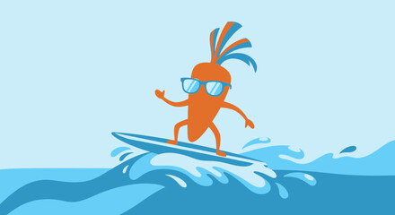Cool Carrot Surfing Summer Fun on Sea Waves Minimalist Flat Illustration