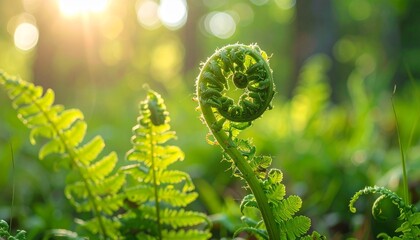 Vibrant green fern fronds unfurling in a sun-drenched forest, capturing the essence of new life and the tranquility of nature's awakening during a spring morning
