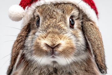 Rabbit wearing Santa hat on white background
