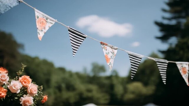 A string of decorative pennant flags with floral and striped designs in a sunny outdoor setting