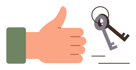 Thumbs-up gesture beside keys on a ring, conveying approval, success, ownership, or opportunity. Ideal for concept of agreement, trust, achievement, decision-making real estate rental simple flat