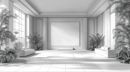 Monochromatic interior sketch, spacious hall, large windows, potted plants