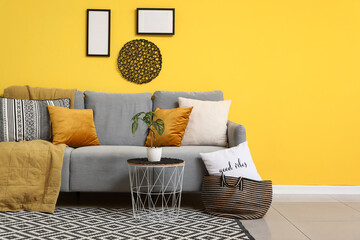 Interior of stylish living room with grey sofa and houseplant on coffee table