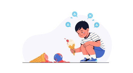 Child's Disappointment Over Spilled Ice Cream, Cartoon Illustration Depicting Frustration