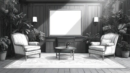Interior design sketch of a vintage room.?Sunlight streams into a formal sitting area featuring paneled walls, ornate chairs, and potted plants. A large, blank canvas is centered on the wall