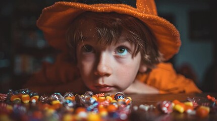 A thoughtful child in halloween costume looks up at candy corn and other sweets on a table top