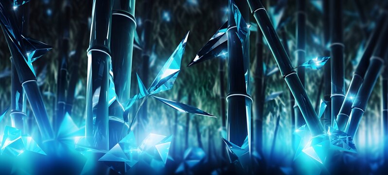 The black background contrasts sharply with the bright blue diamonds light emitted by bamboo forest,generative AI