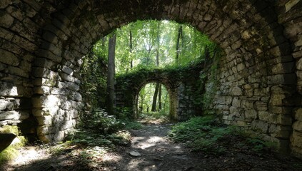 Stone archway ruins, forest path, sunlight, overgrown